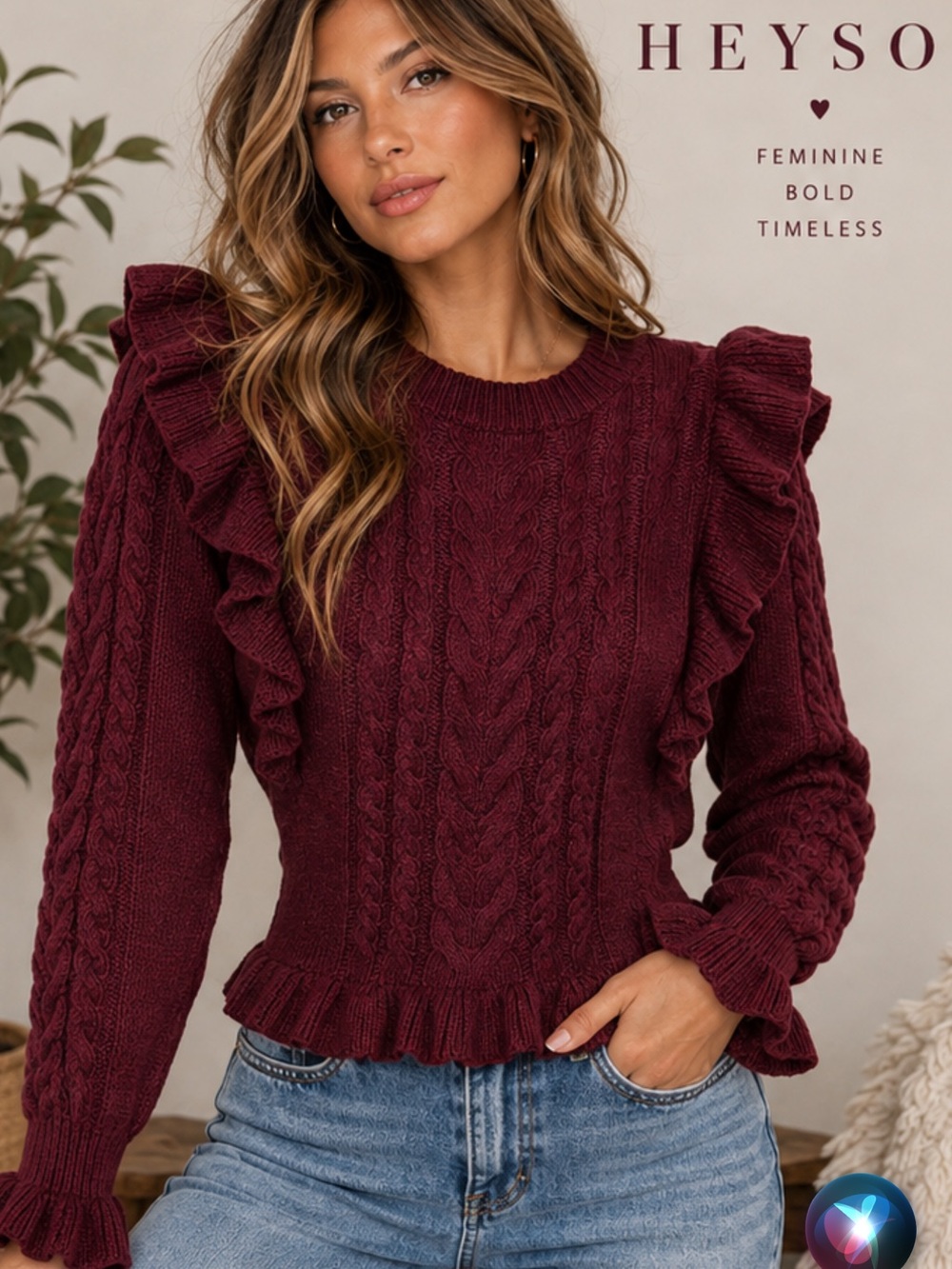 Heyson Women's Burgundy Ruffle Cable Knit Sweater